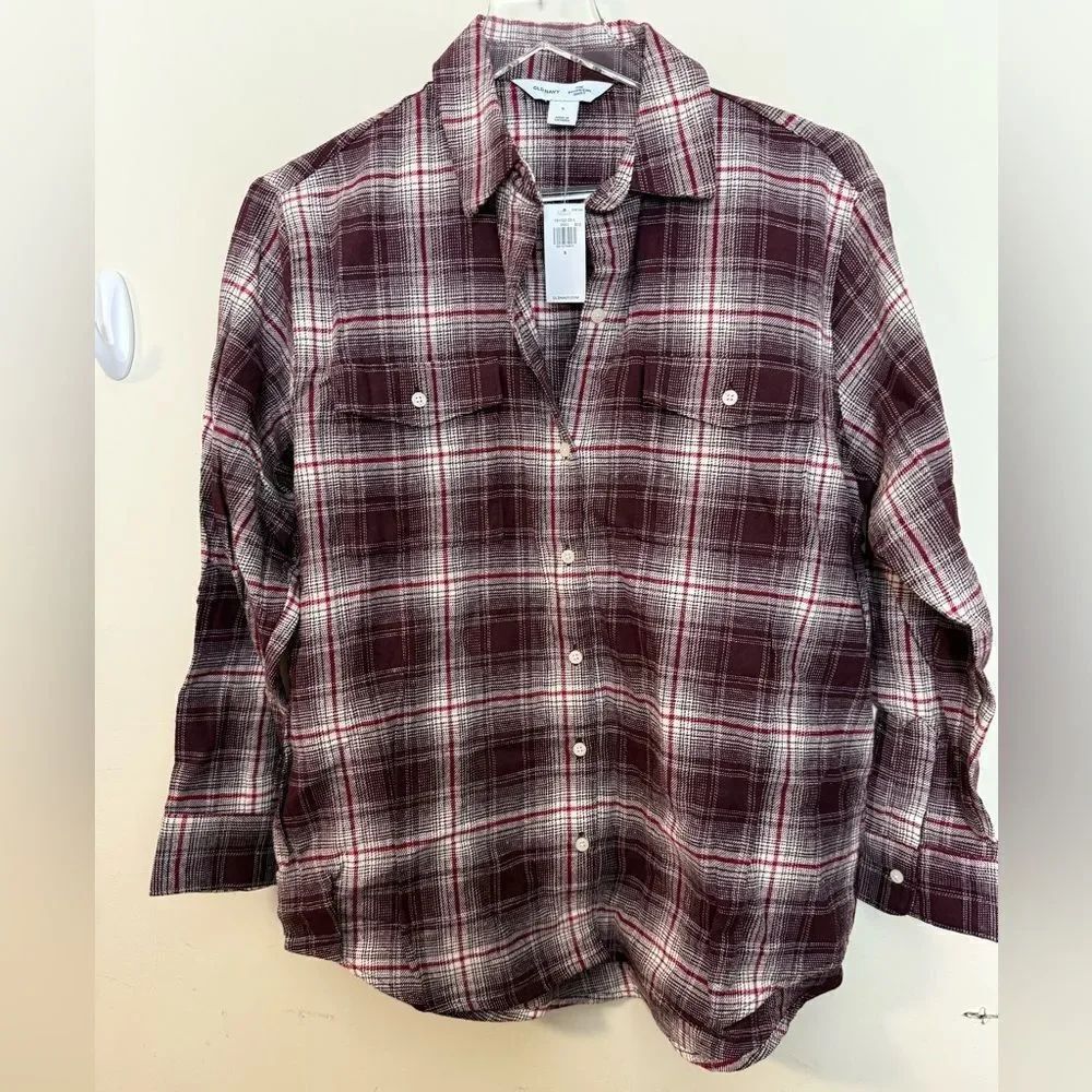 Old Navy Womens Loose Flannel Boyfriend Shirt Plaid Size Small NWT Brown